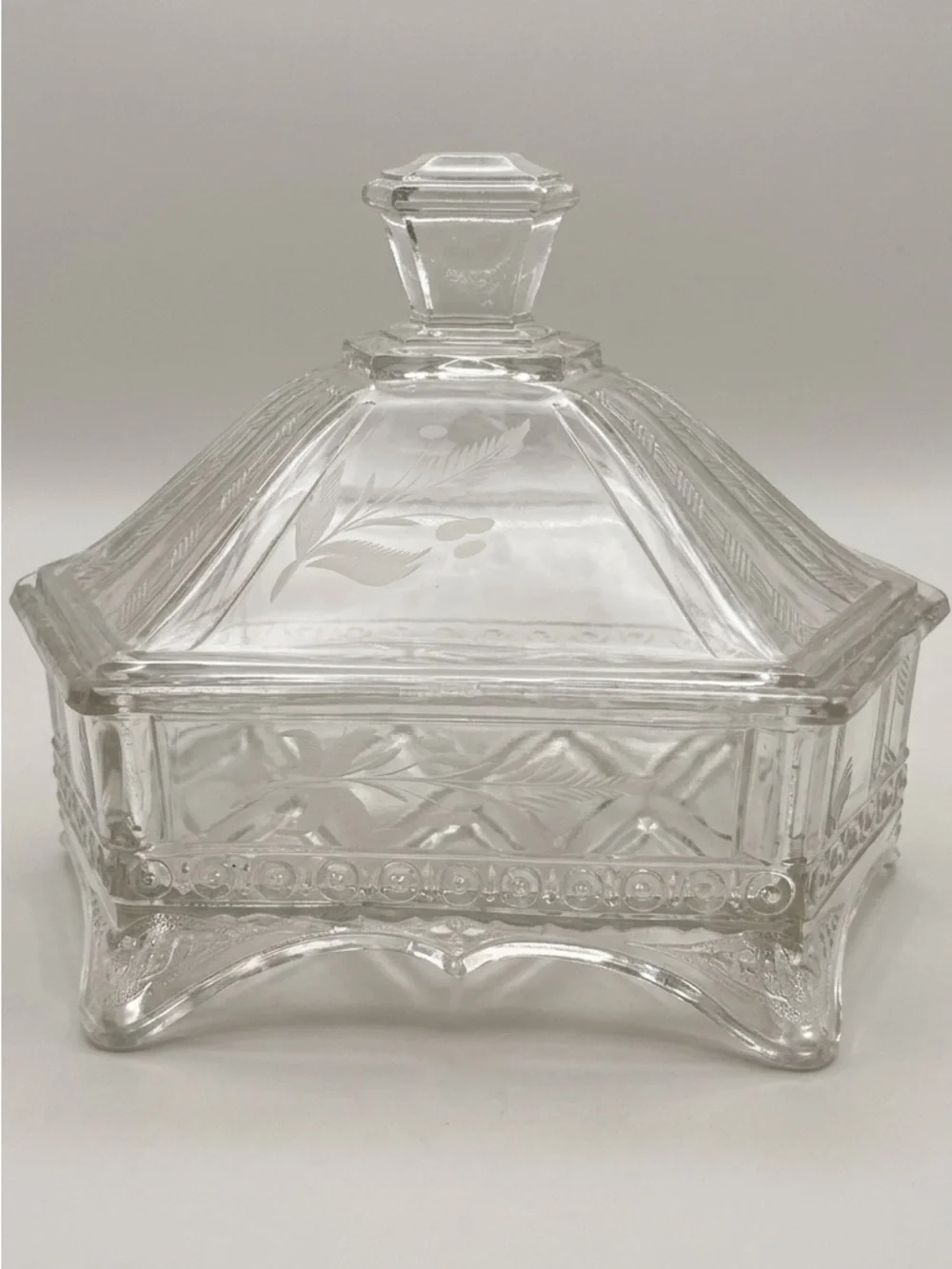 Vintage Clear Pressed Glass Footed Trinket Box with Elegant Etched Floral Design